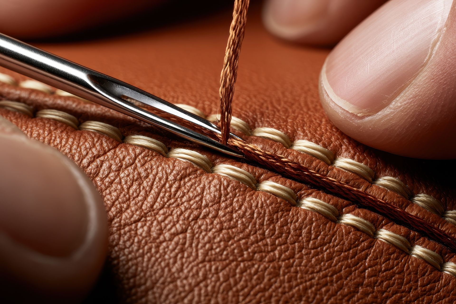 Couture à l’aiguille à la main d’un cuir beige avec du fil brun, gros plan sur des outils de couture et des doigts