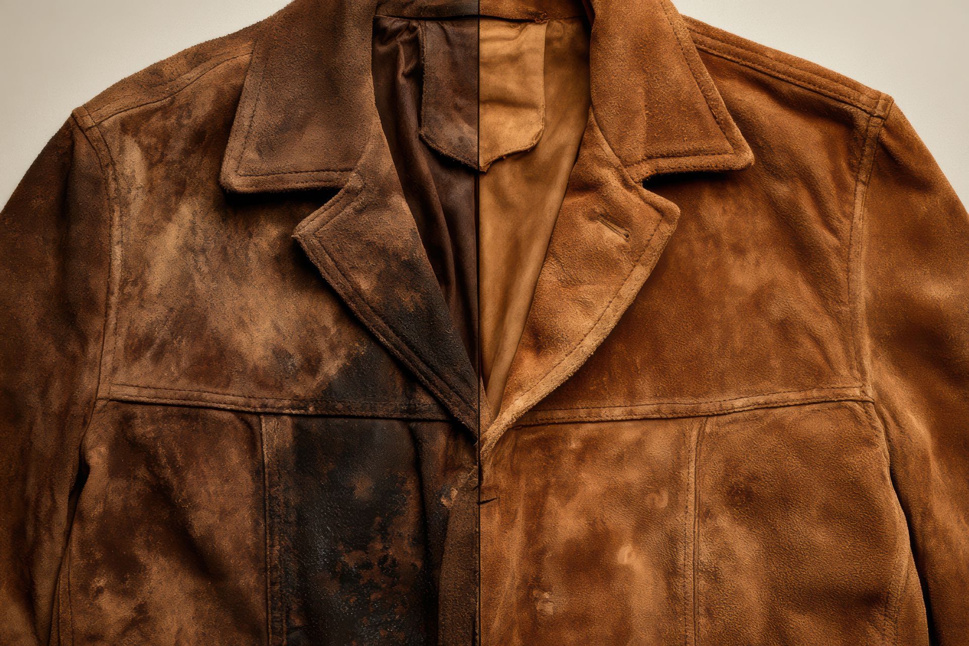 Veste en daim marron suspendue devant un fond neutre