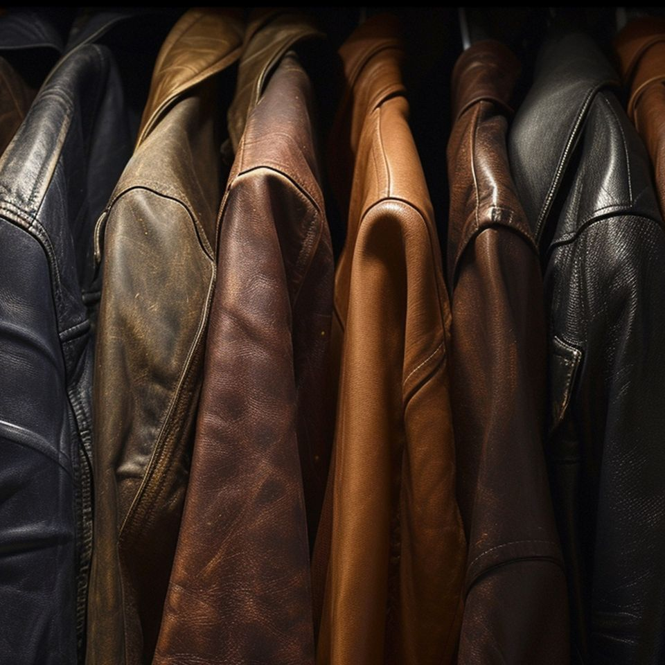 Des vestes en cuir suspendues en rangée, dans des tons noirs, bruns et beiges.