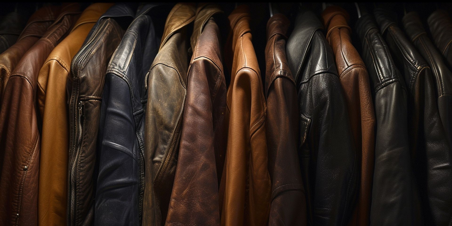 Rangée de vestes et de manteaux en cuir suspendus, dans des tons bruns, noirs et beiges