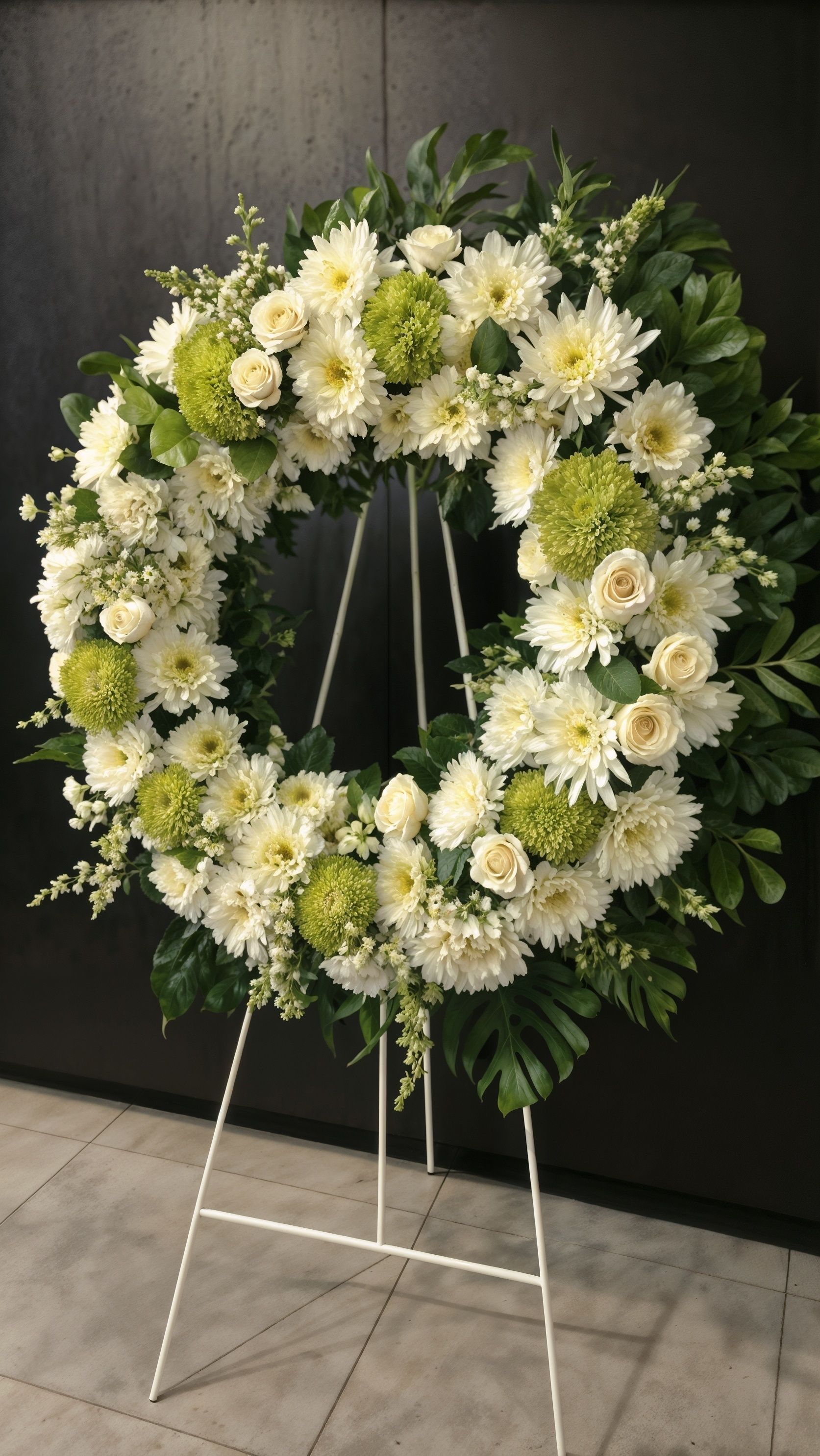 Couronne florale blanche avec des accents verts sur un chevalet blanc.