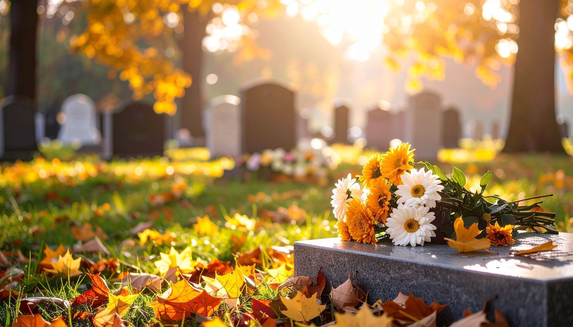 Pierre tombale avec des fleurs dans un cimetière d'automne, lumière du soleil à travers les arbres et les feuilles tombées.