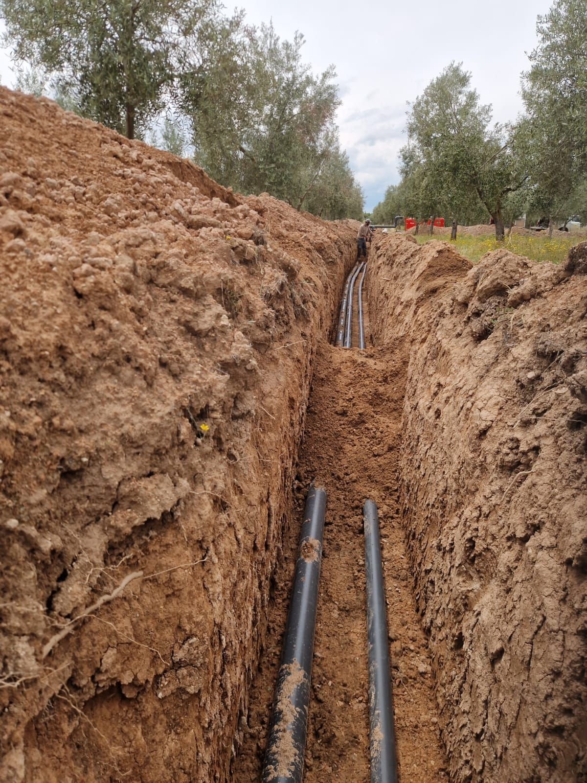 Zanja excavada con tuberías negras a la vista que atraviesan el suelo embarrado de un campo rural