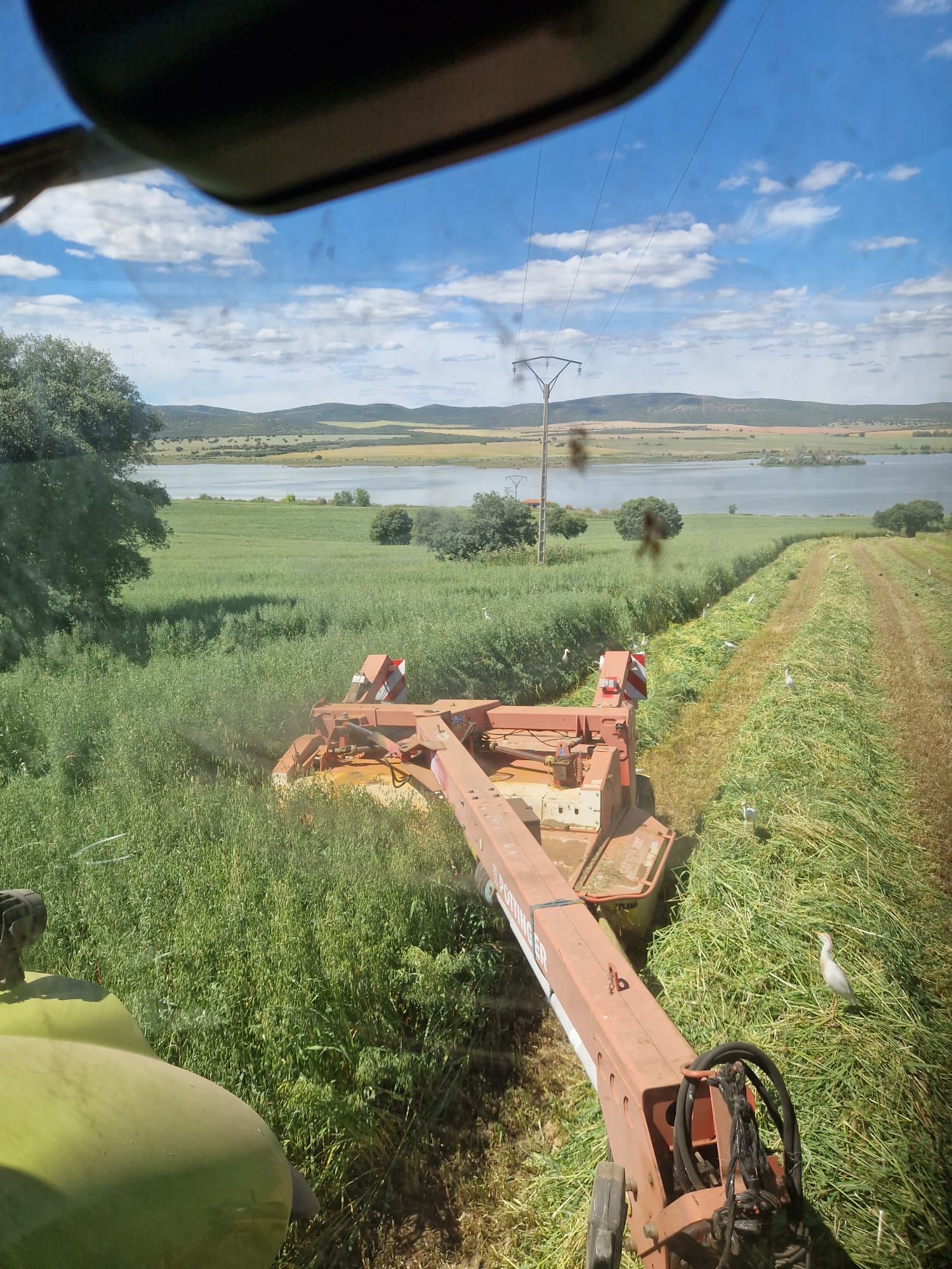 Maquinaria agrícola en un campo verde junto a un lago bajo un cielo azul, vista desde el interior de un vehículo.