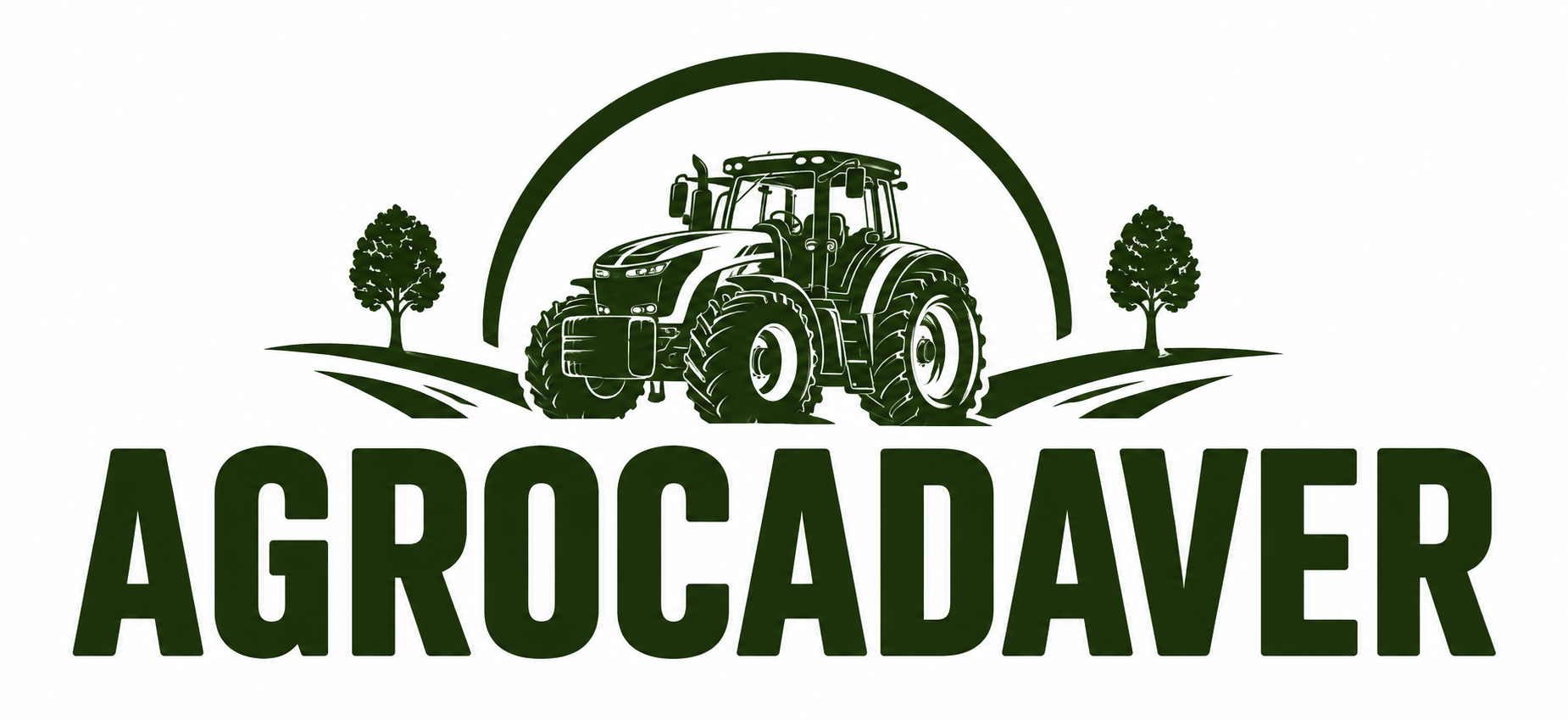 Logotipo de AGROCADAVER con un tractor verde, árboles y líneas curvas sobre un texto verde en negrita
