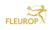 Goldenes FLEUROP-Logo mit einer stilisierten, laufenden Figur, die Blumen trägt