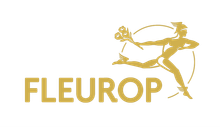 Goldenes FLEUROP-Logo mit einer stilisierten, laufenden Figur, die Blumen trägt