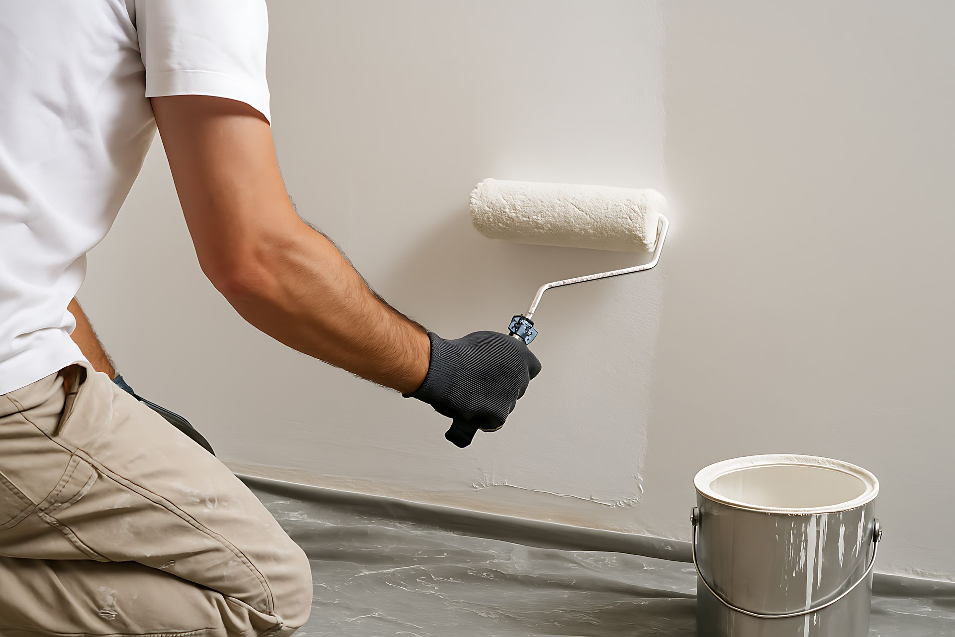Une personne peint un mur en blanc