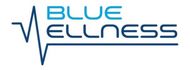 Logotipo para Blue Wellness, con texto y una línea de latidos de corazón azul.