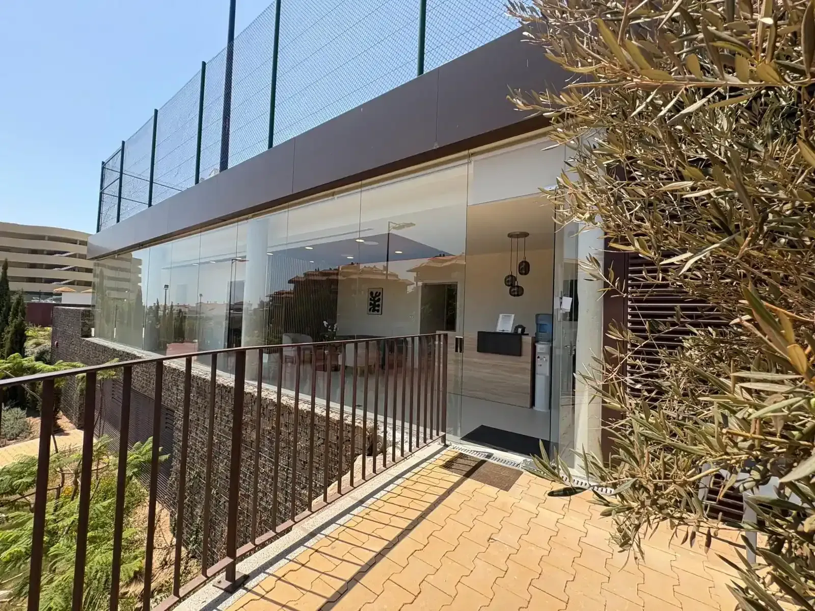 Terraza con paredes de cristal, barandilla marrón y vistas. Ramas de olivo en primer plano.