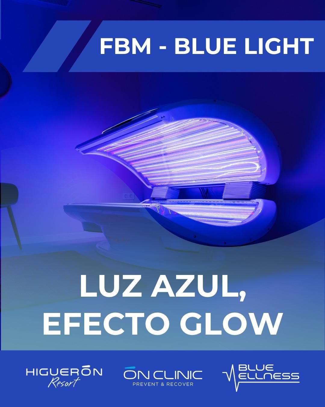 Dispositivo de terapia de luz azul que emite luz azul; texto: 