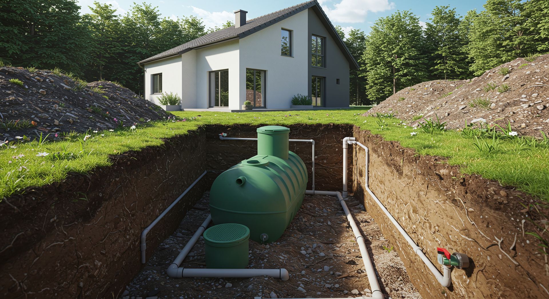 Cour arrière excavée avec une fosse à toutes eaux.