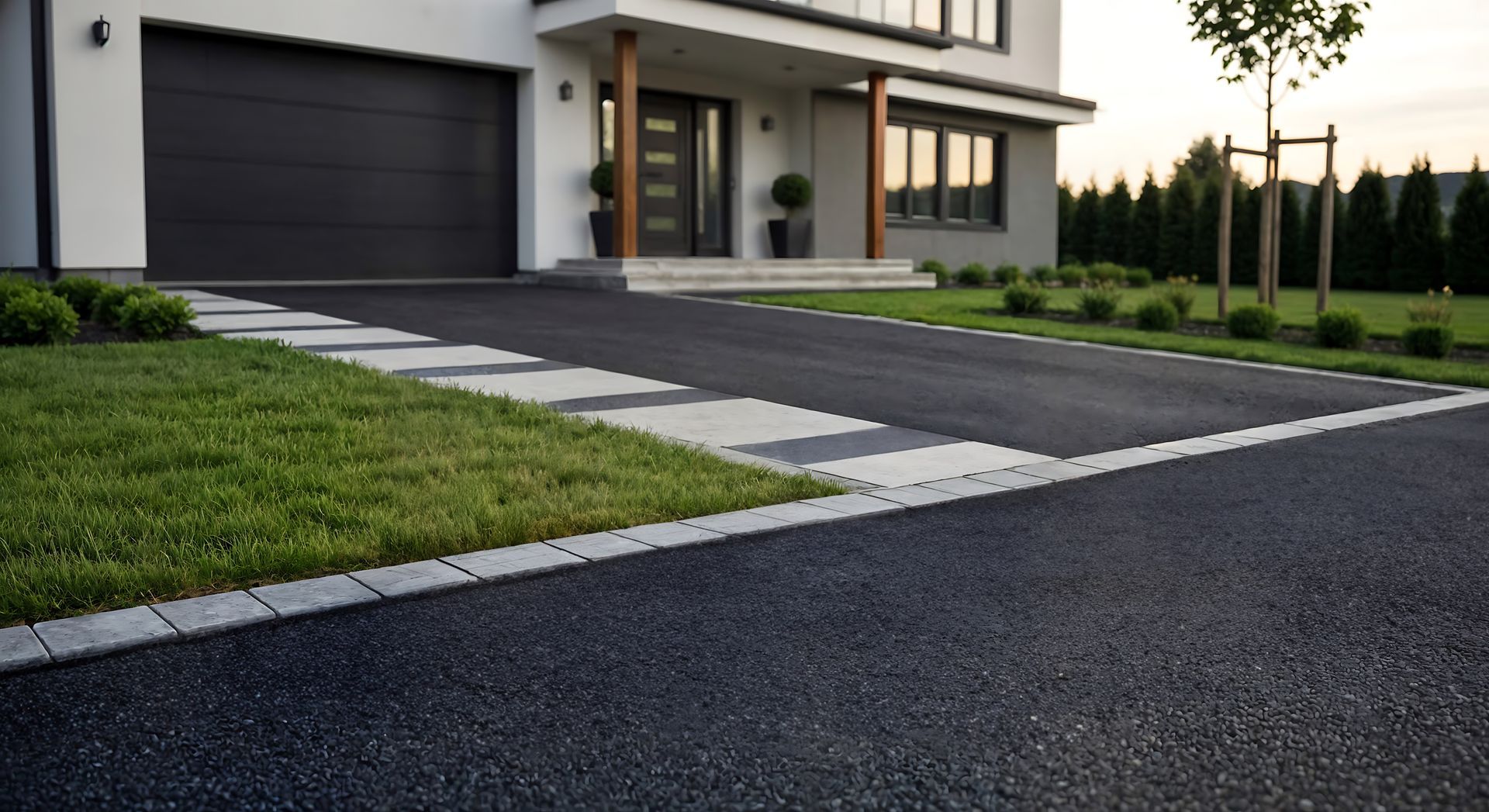 Maison moderne avec garage, allée en enrobé et pelouse aménagée.