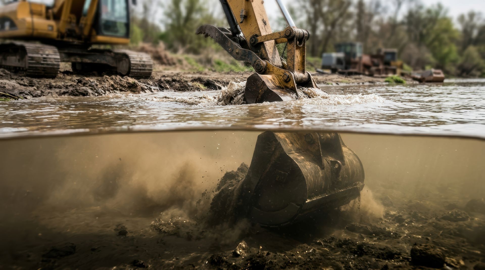 Une excavatrice creuse dans l'eau boueuse sur une rive.