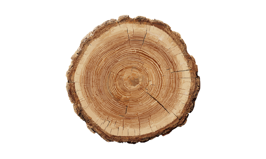 Coupe transversale d'un tronc d'arbre avec des cernes de croissance concentriques visibles et un bord d'écorce rugueux sur fond blanc