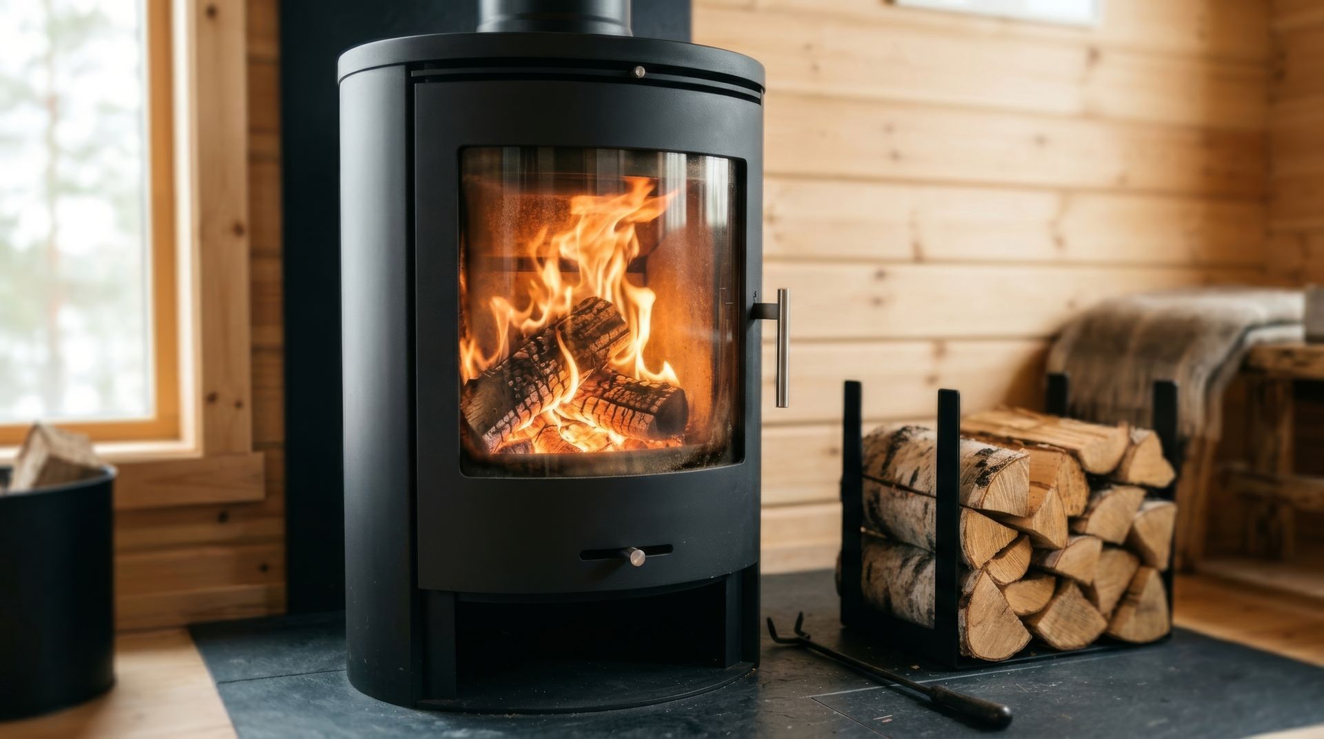 Poêle à bois noir avec un feu qui brûle à côté de bûches empilées dans l'intérieur confortable d'une cabane