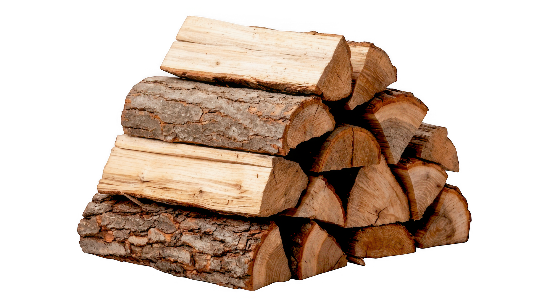 Bûches de bois de chauffage fendues empilées sur fond blanc