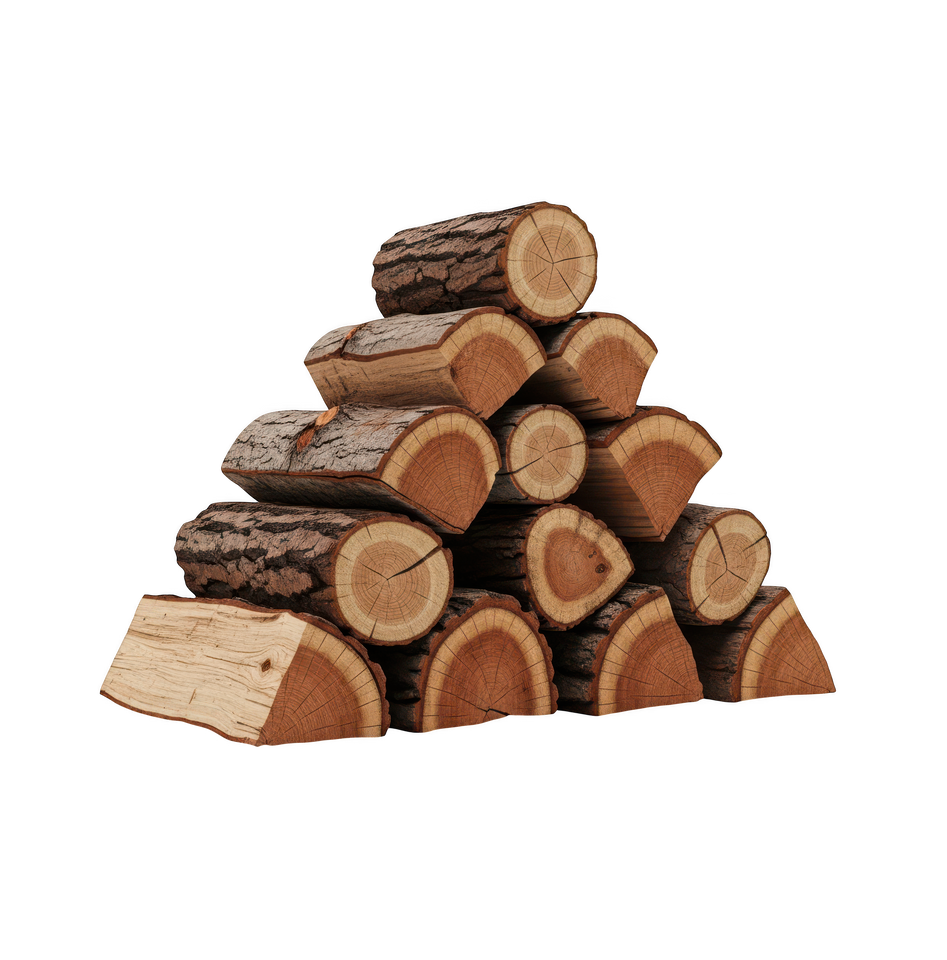 Bûches de bois de chauffage fendues empilées sur fond blanc