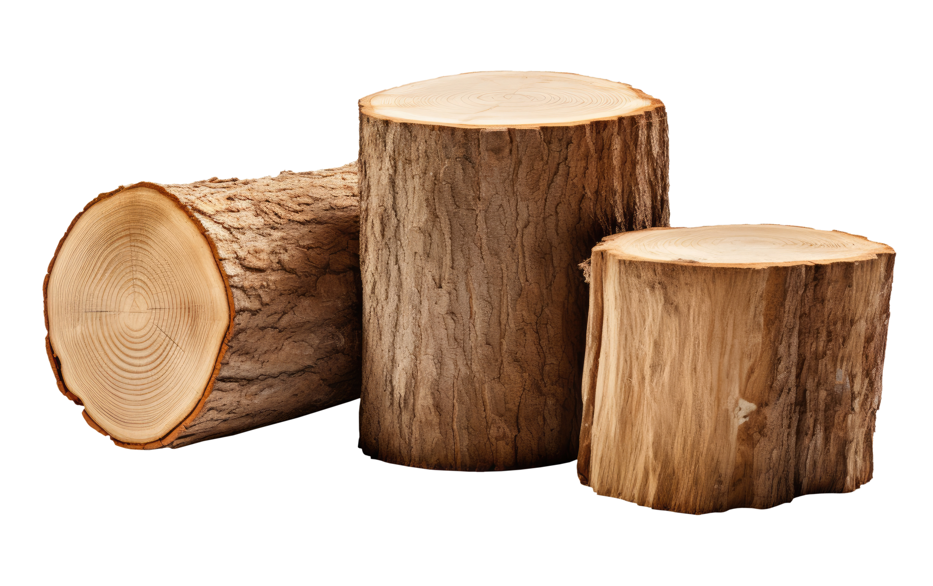 Trois bûches ou souches de bois coupées sur fond blanc.