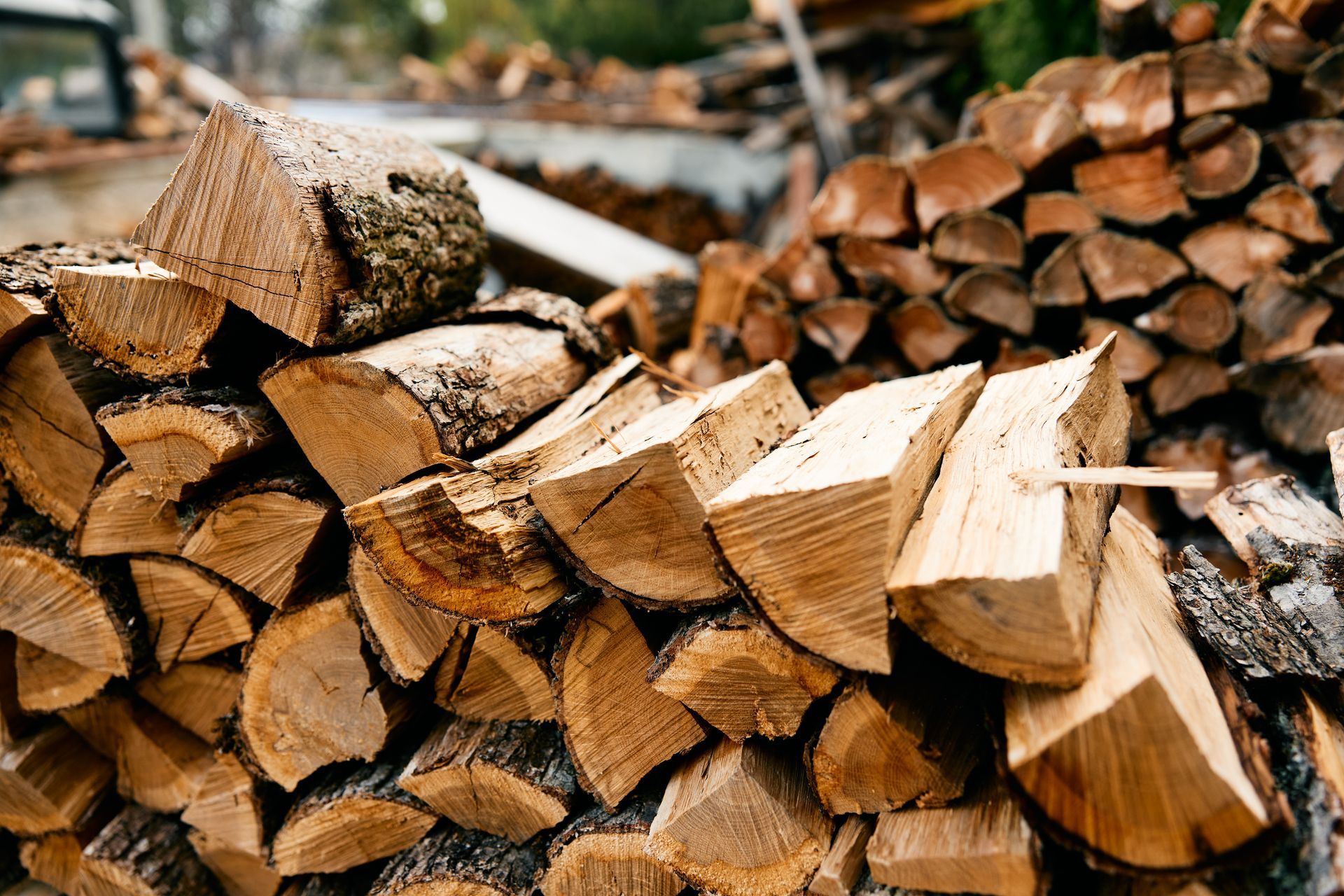 Bois de chauffage coupé et empilé dans un tas de bois extérieur, avec des bûches fendues et de l'écorce visibles.