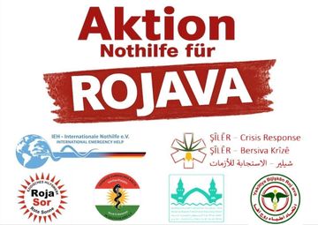 Red banner reading “Aktion Nothilfe für ROJAVA” with several aid organization logos underneath
