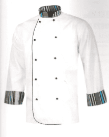 Una chaqueta de chef blanca con rayas negras y azules en las mangas.