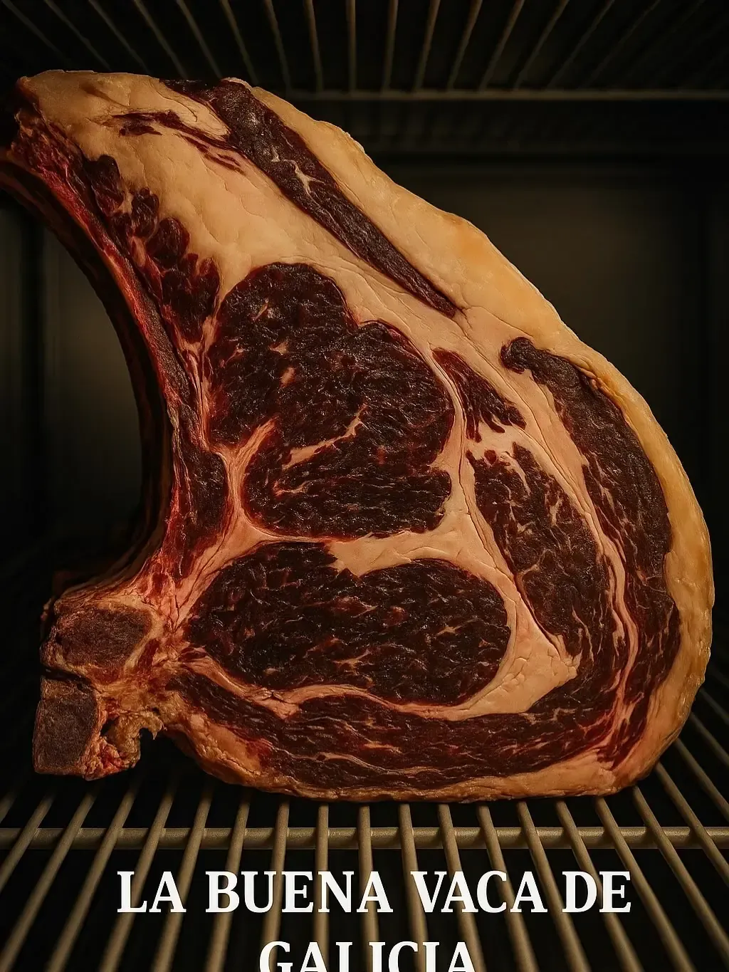 Filete grande crudo, con hueso y marmoleado, en una hielera. El texto dice