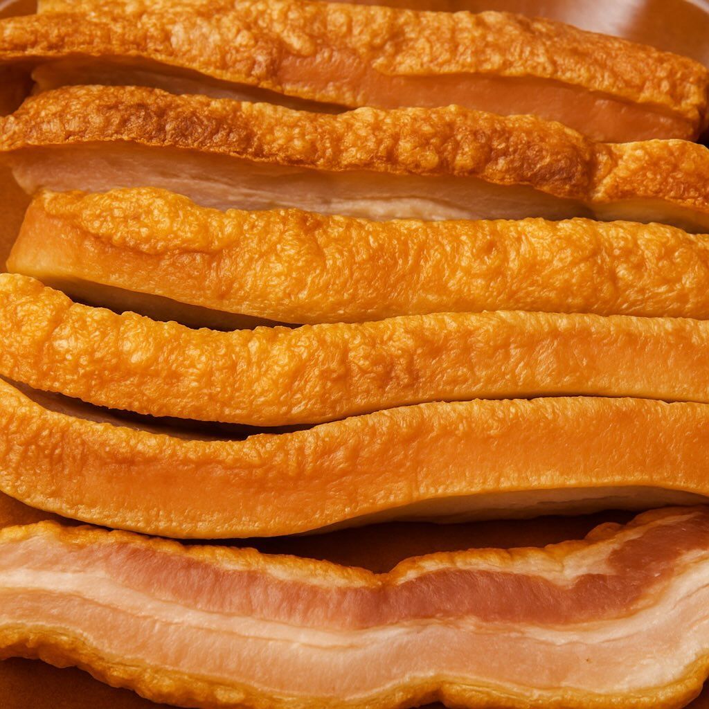 Primer plano de crujientes rodajas de panceta de cerdo, con una tira de tocino crudo en la parte inferior, tonos cálidos.
