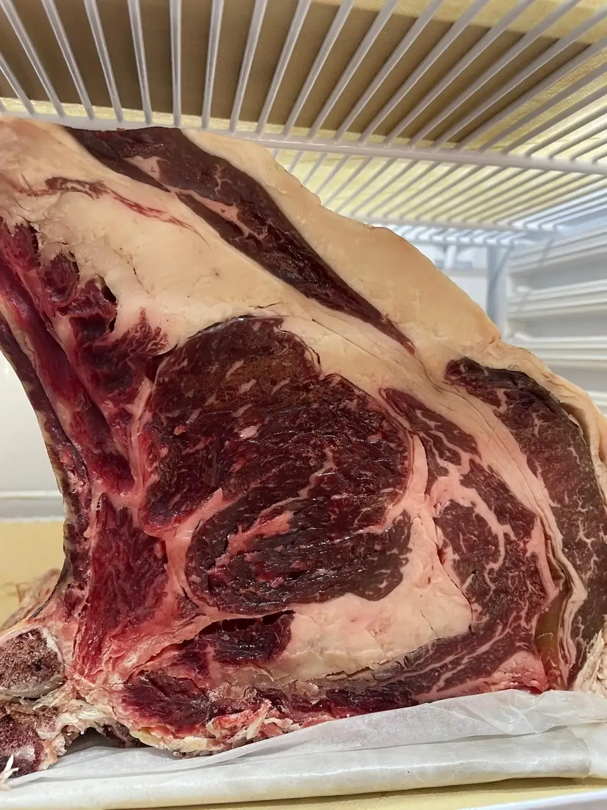 Filete grande de costilla crudo con veteado grueso y hueso en una rejilla.