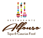 Logotipo del Restaurante Alfonso con coloridos iconos estilizados de cuchara, cuchillo y tenedor sobre el nombre y un subtítulo.