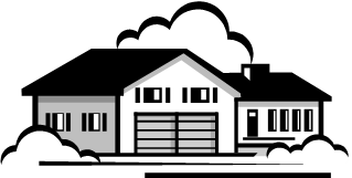 Un dibujo en blanco y negro de dos casas con nubes en el fondo.