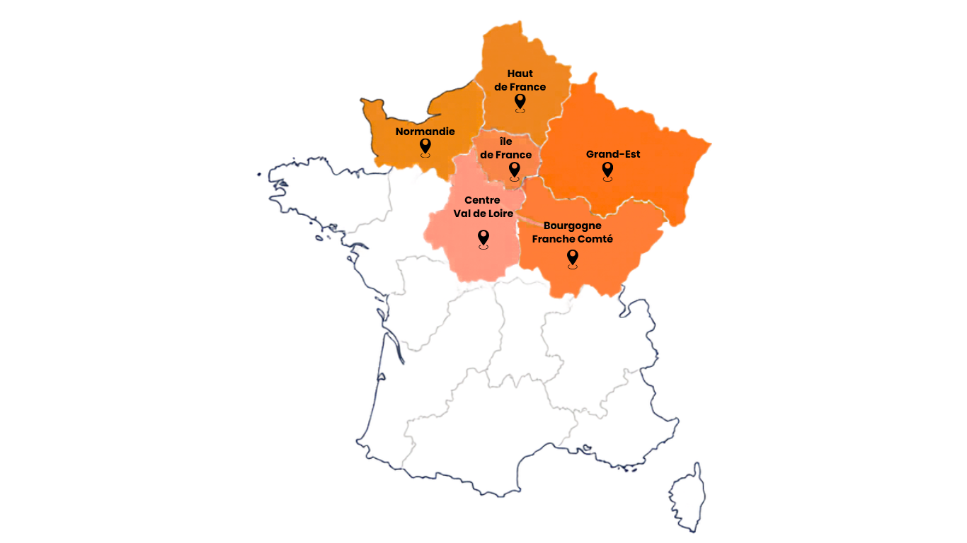 Carte des zones d'intervention de Pilotis Conseil Habitat île-de -France et régions voisines