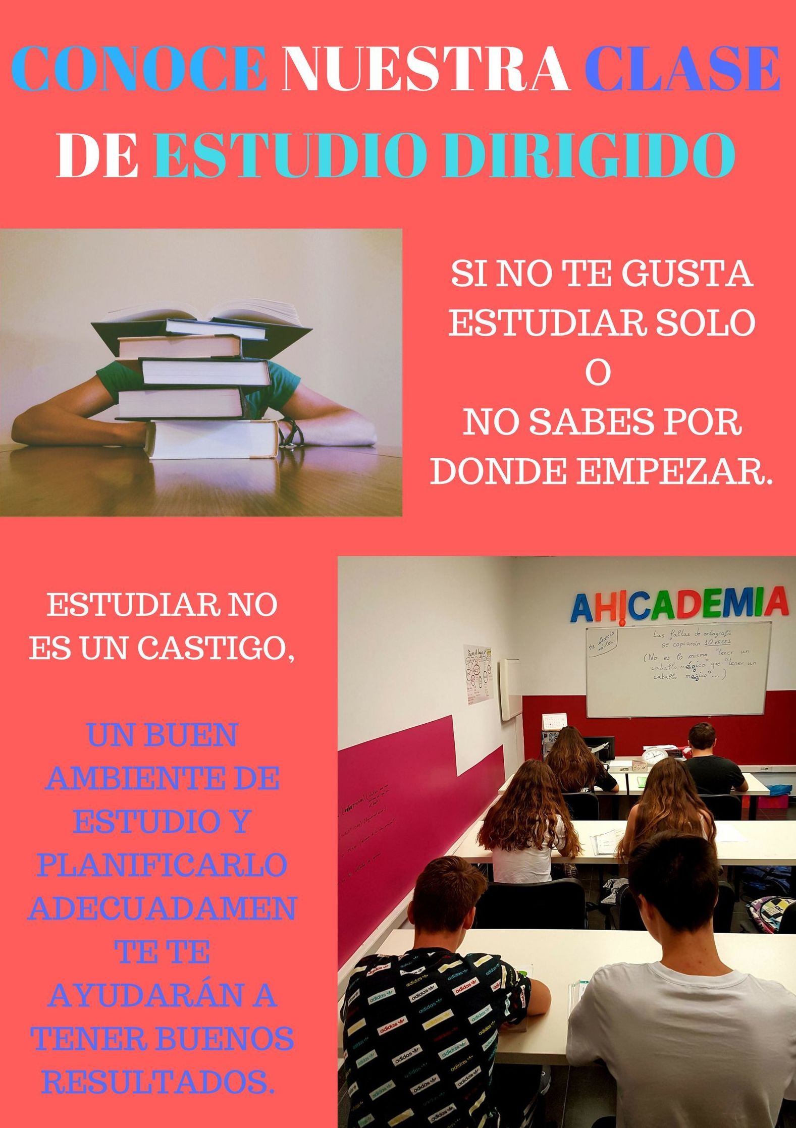 Póster sobre clase de estudio guiado: Estudiantes estudiando en un aula; texto en español sobre los beneficios