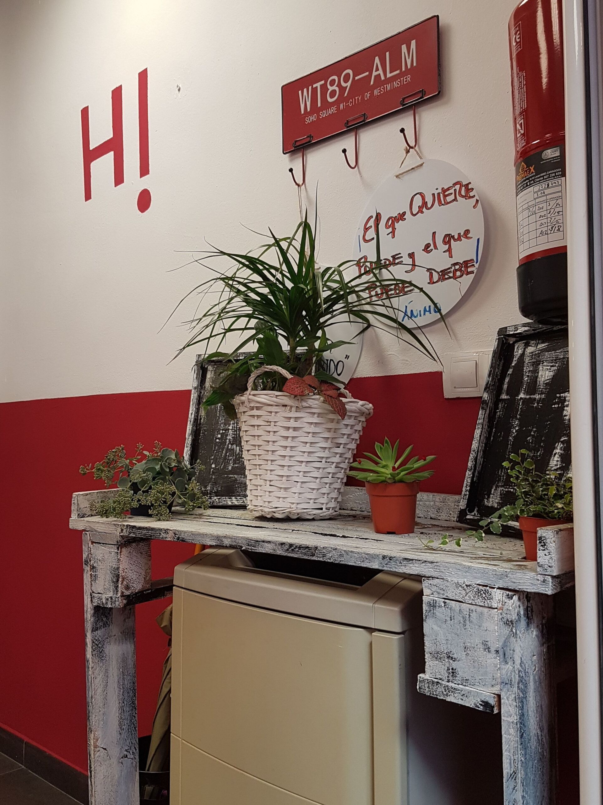 Pared blanca y roja con un estante decorado que contiene plantas, un cartel y un calentador.