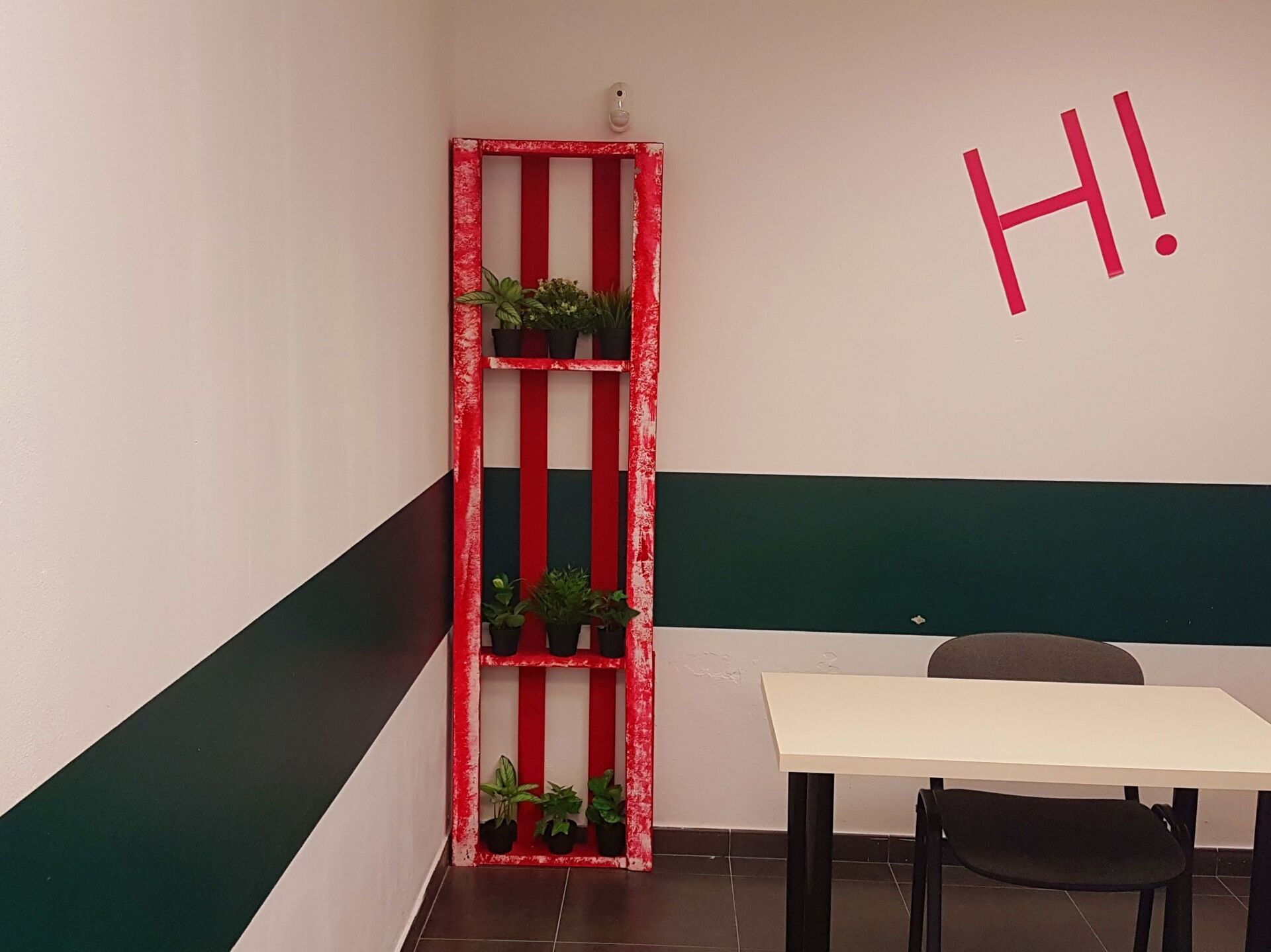 Estante rojo con plantas sobre una pared blanca, una franja verde y una mesa.