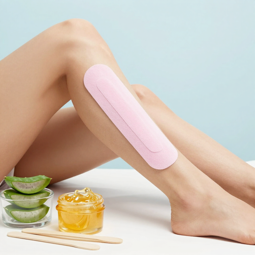 Piernas con una tira de cera rosa, junto a rodajas de aloe vera y miel sobre una superficie blanca.