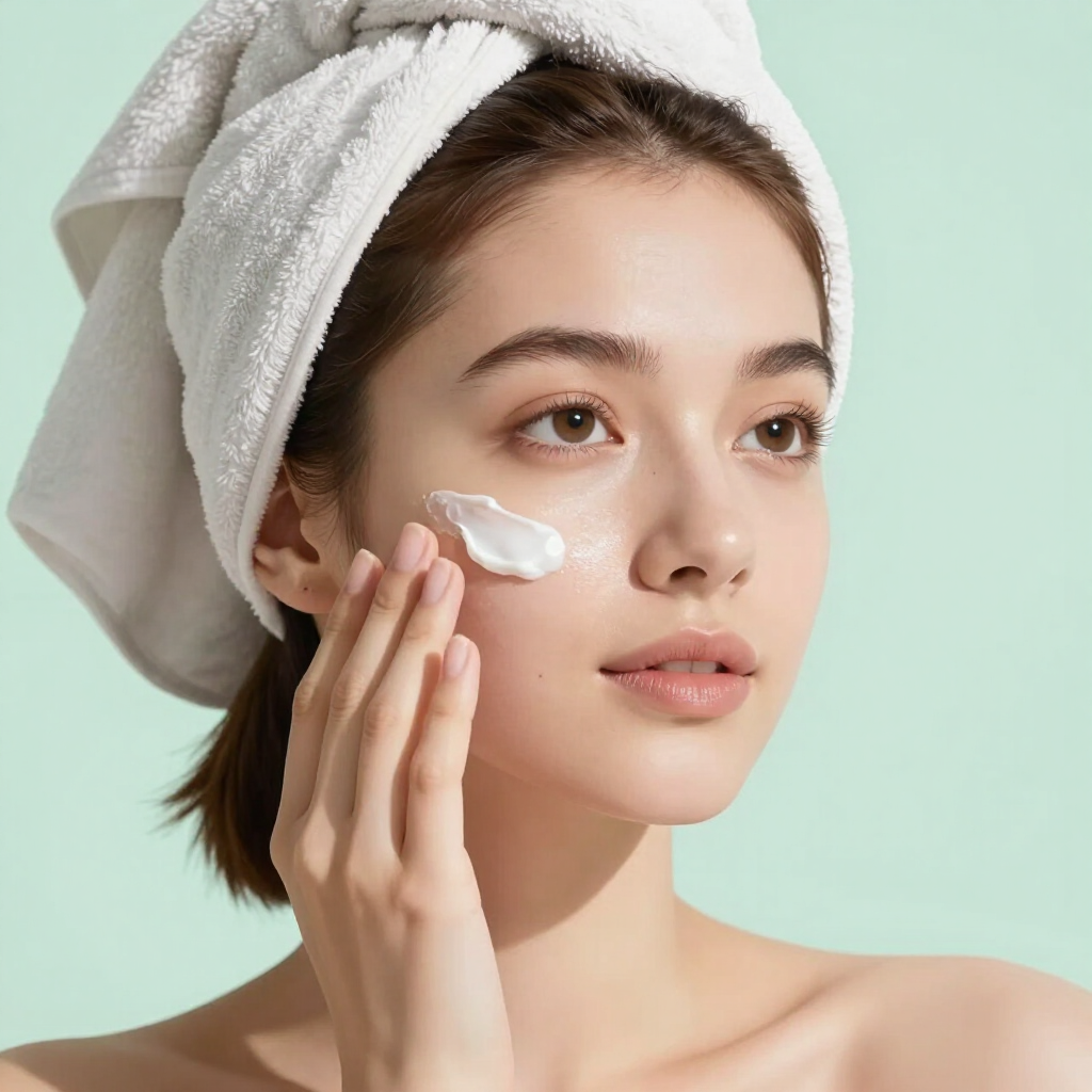Mujer aplicándose crema facial blanca con una toalla envuelta alrededor de la cabeza.
