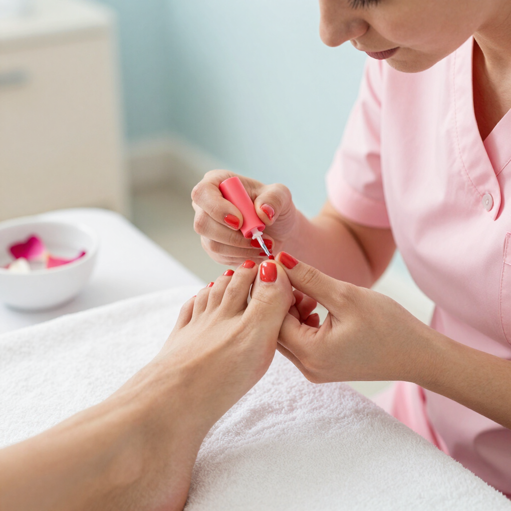 Una pedicurista pinta las uñas de los pies de una clienta de rojo en un entorno de spa.