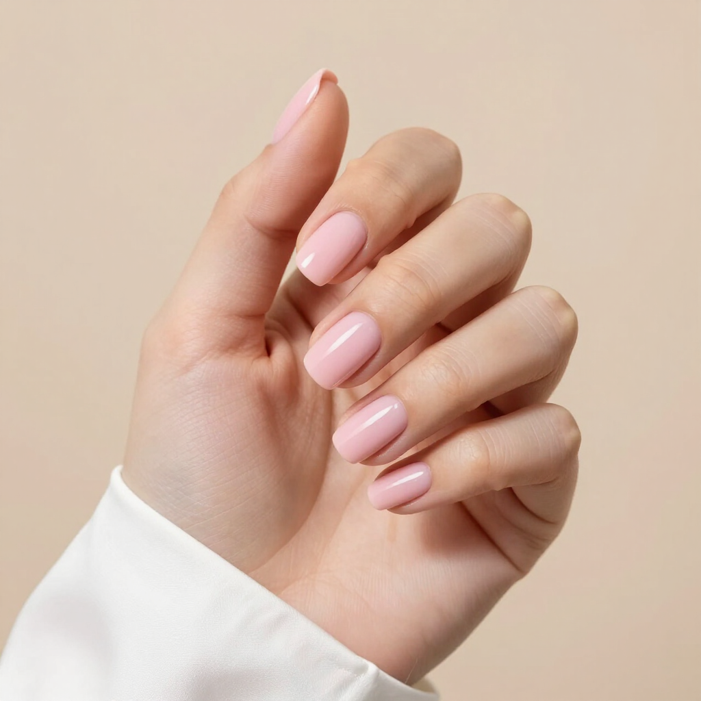 Mano con uñas pintadas de color rosa suave sobre un fondo beige claro.
