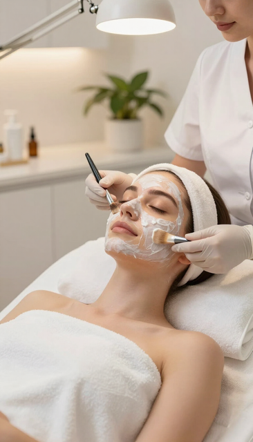 Tratamiento de spa: se aplica una mascarilla facial a un cliente que está acostado en una camilla mientras un terapeuta trabaja cerca.