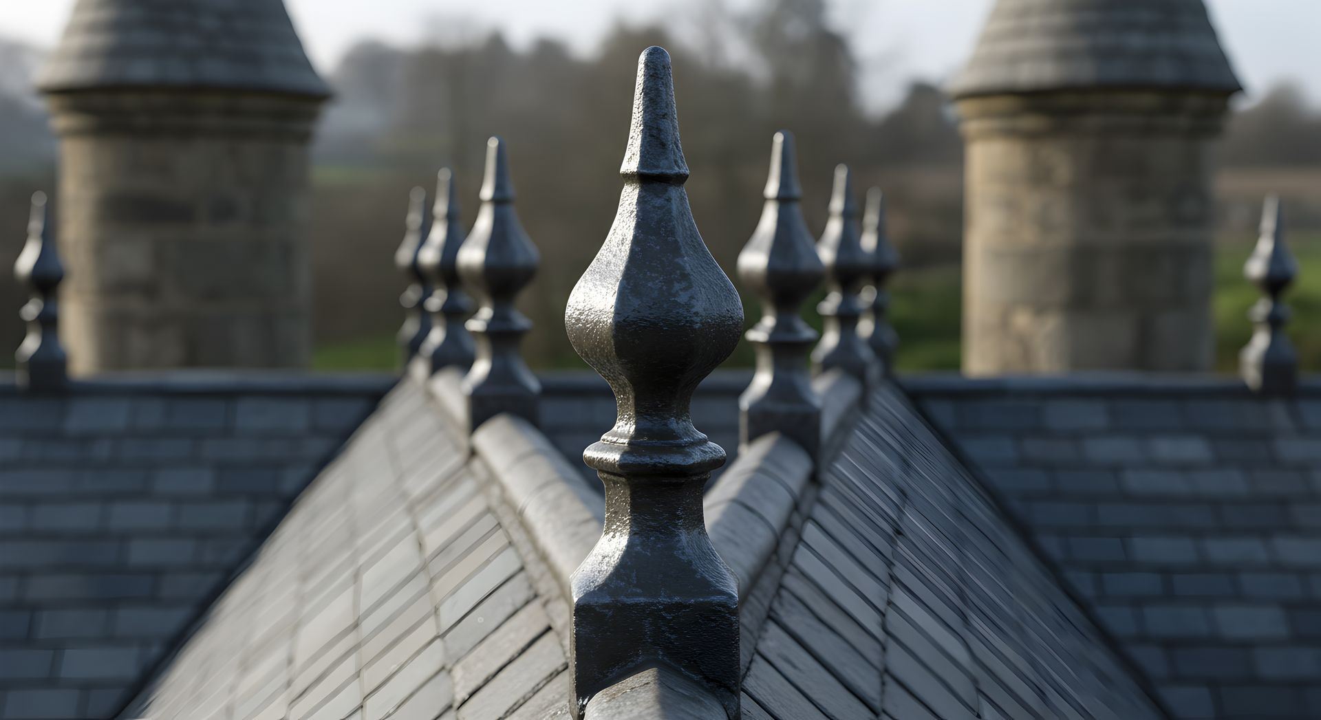 Épis de faîtage en zinc sur une toiture