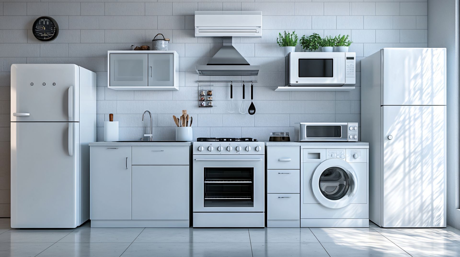 Machines à laver sur une chaîne de montage avec un ouvrier. Environnement d'usine, machines blanches, tuyau rouge au-dessus.