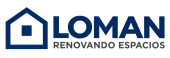 Logotipo de LOMAN con un icono azul de una casa y el texto «RENOVANDO ESPACIOS»