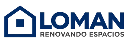Logotipo de LOMAN con un icono azul de una casa y el texto «RENOVANDO ESPACIOS»