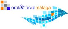 Logotipo: "oral & facial málaga" con elementos de diseño pixelados en azul y naranja.