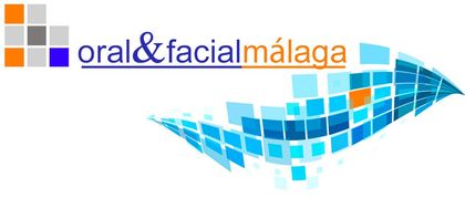 Logotipo: "oral & facial málaga" con elementos de diseño pixelados en azul y naranja.