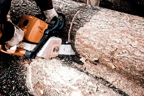 Una persona está usando una motosierra para cortar un tronco.