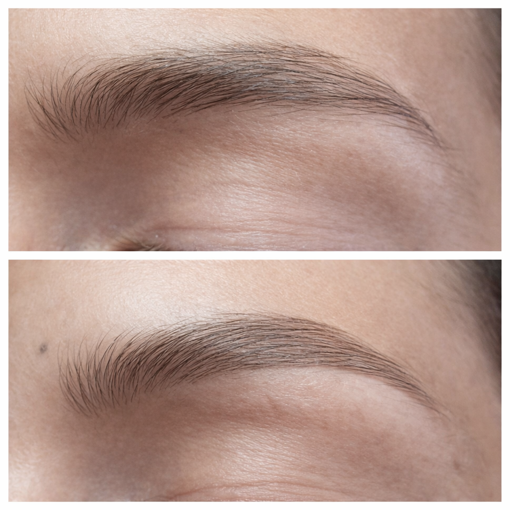 Comparación del antes y el después de un procedimiento cosmético de microblading o tatuaje de cejas.