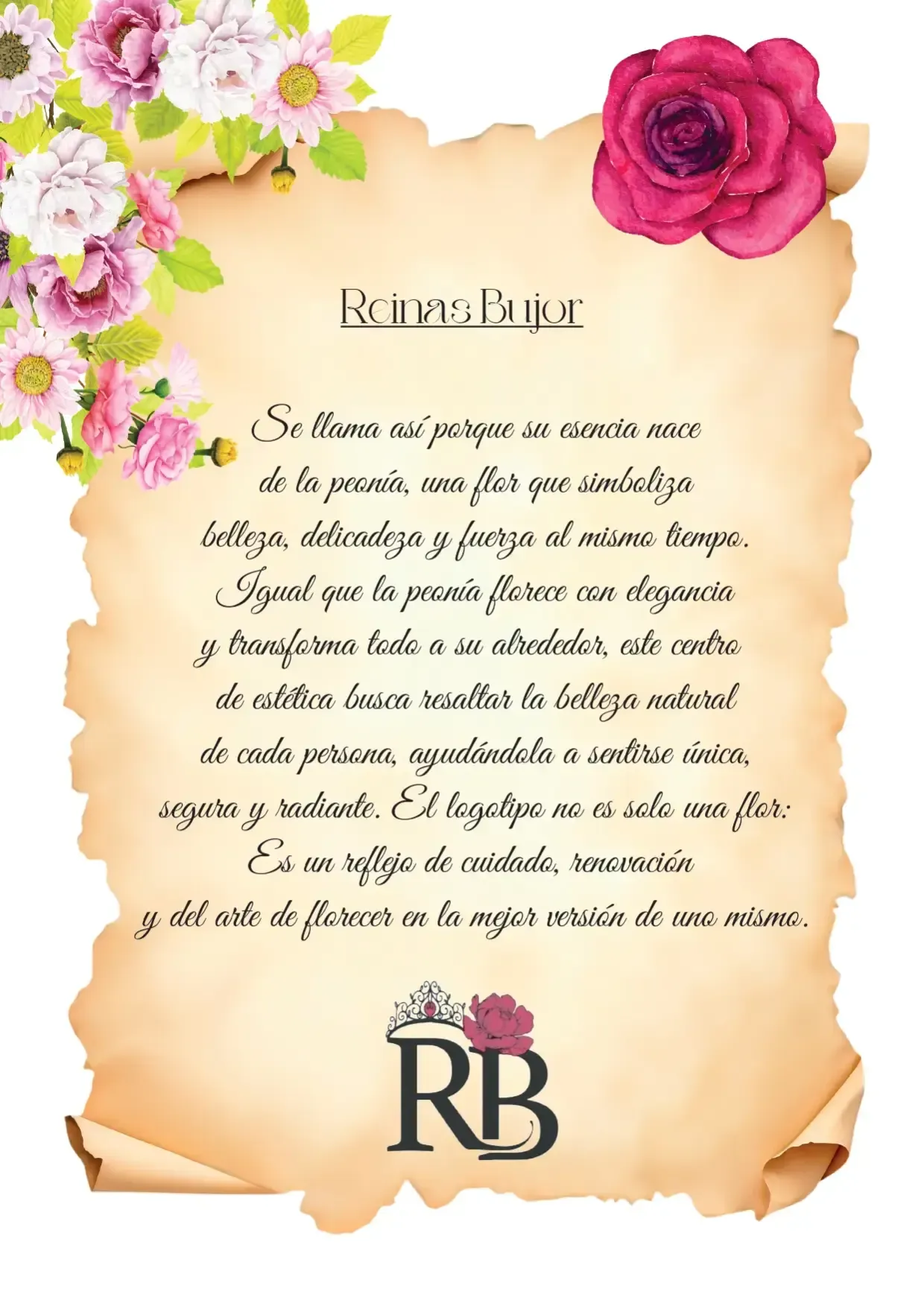 Un fondo estilo pergamino con esquinas florales, que muestra el texto en español 