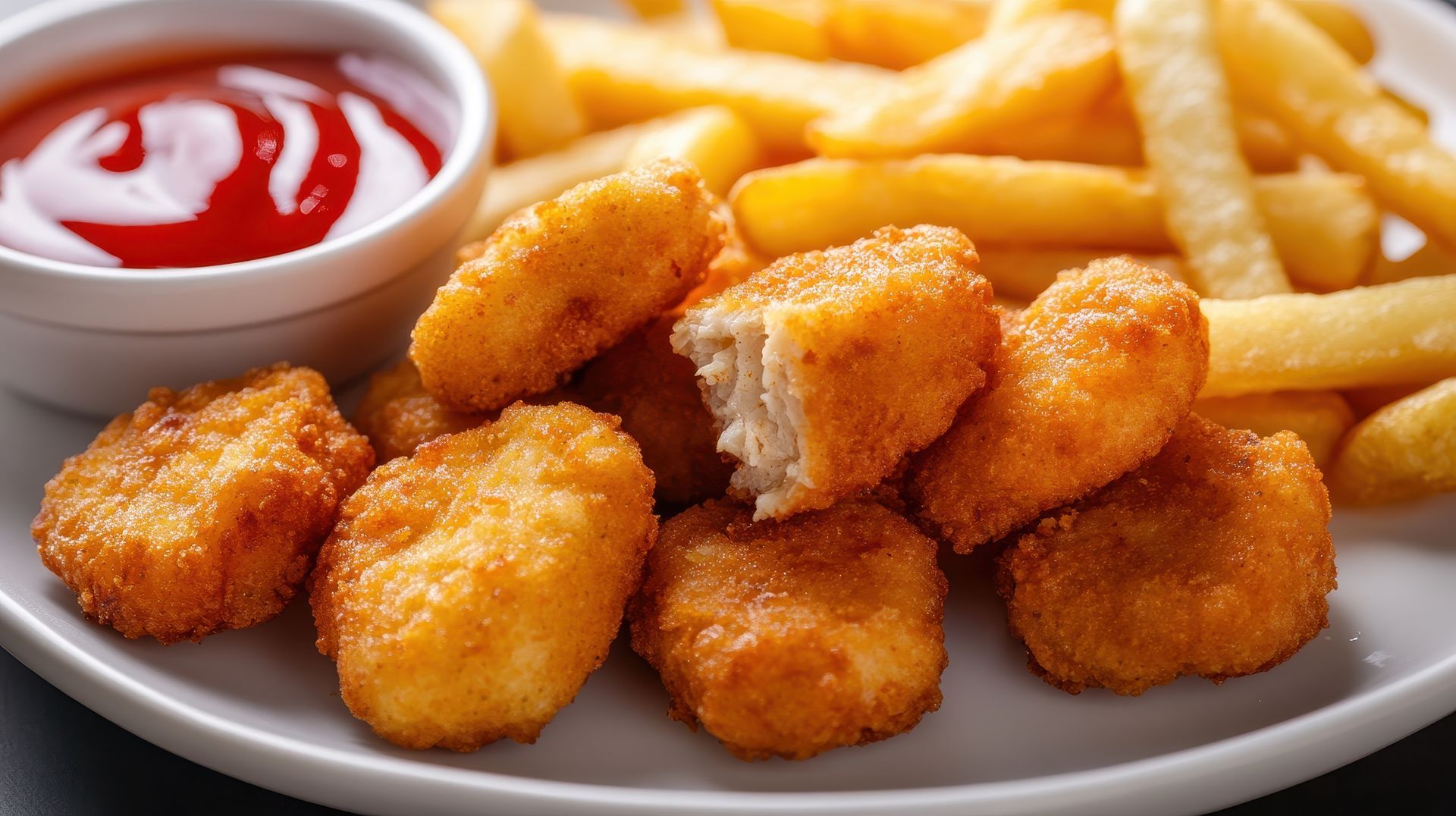 Chicken Nuggets und Pommes frites mit Ketchup.